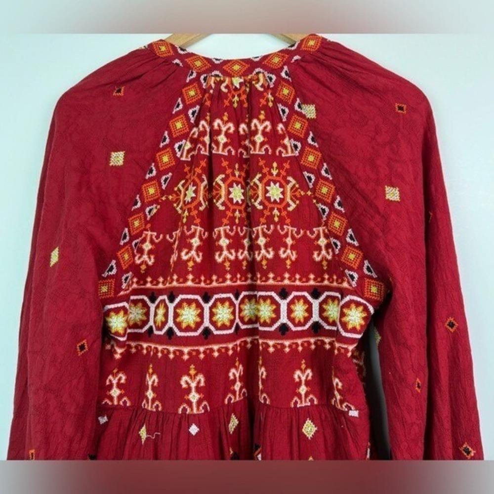 ANTHROPOLOGIE Niamh Red Multi Embroidered Mini Dress Tunic Boho Aztec Chic Sz XS - Picture 9 of 14